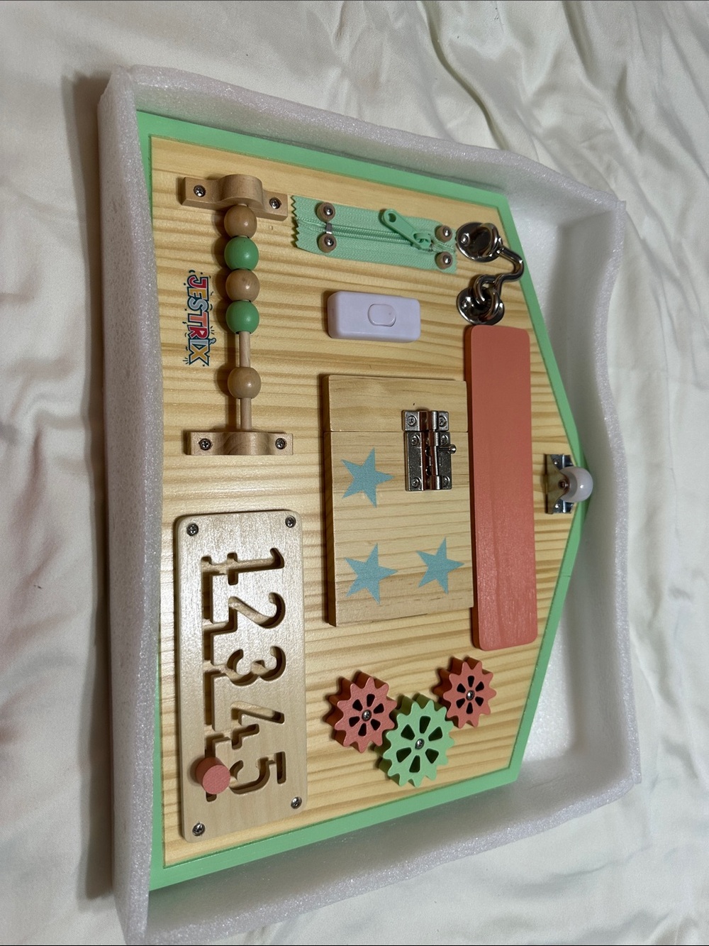 Montessori wooden pastel Busy Board Toy - Mint, Coral, Natural Wood
